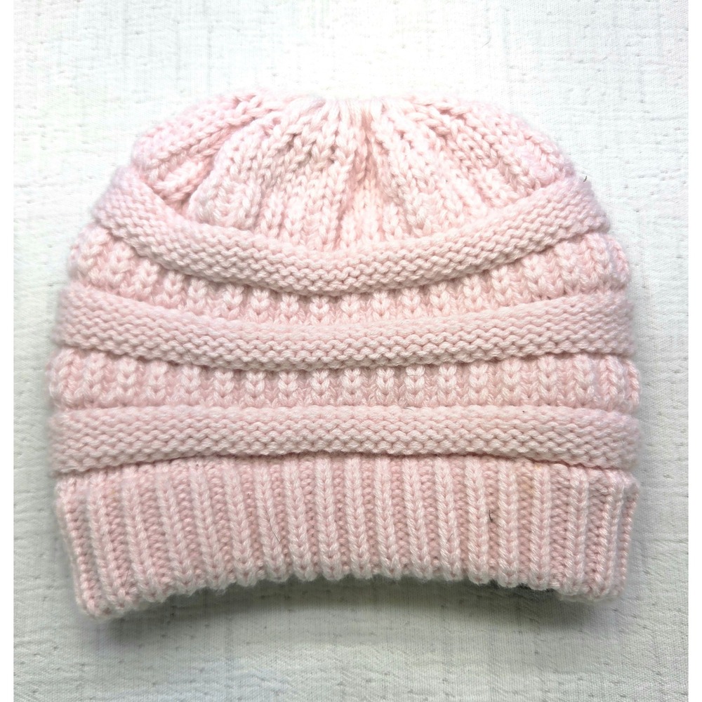 C.C. Beanie Womens Light Pink Cable Knit Acrylic Winter Hat Logo Patch - Picture 2 of 4